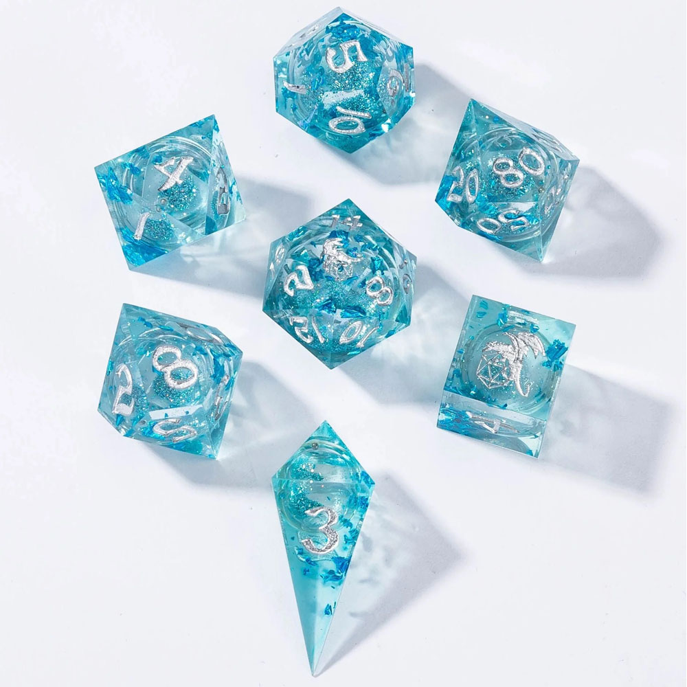 Sharp-Edge Polyhedral Dice Set: Liquid Core - Aqua (7) (Clearance)
