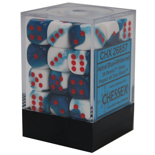 Chessex 12mm d6 Set: Gemini Astral Blue-White w/ Red (36)