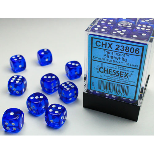 Chessex 12mm d6 Set: Translucent - Blue w/White (36)