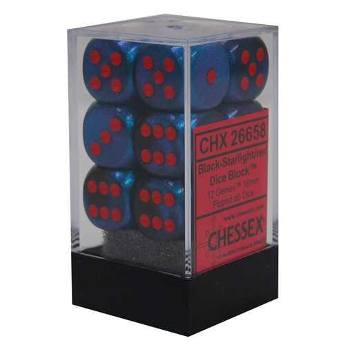 Chessex 16mm d6 Set: Gemini Black-Starlight w/ Red (12)