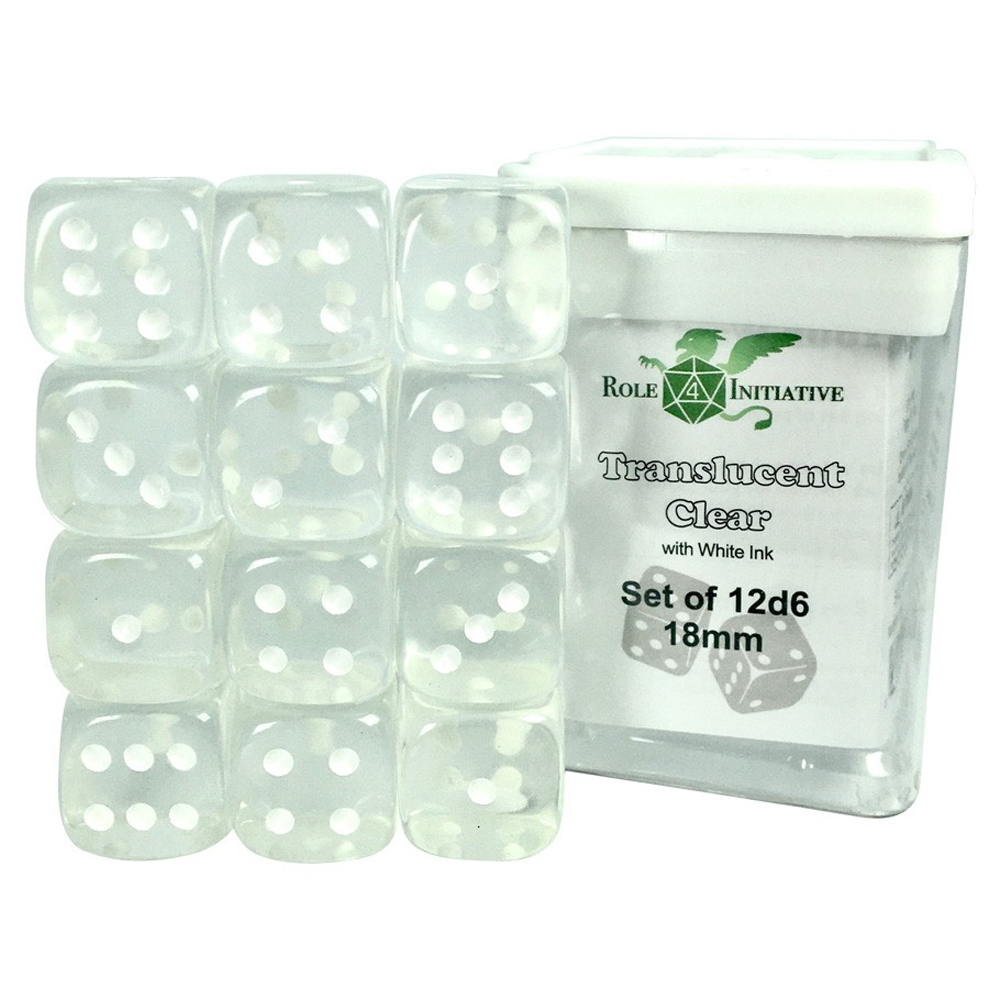 18mm d6 Cube: Translucent - Clear w/ White Pips (12) (Clearance)