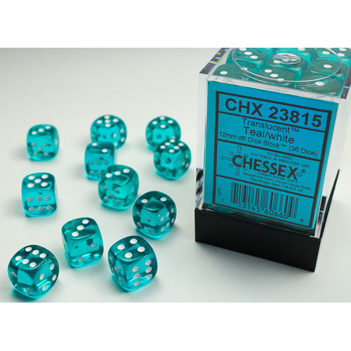 Chessex 12mm d6 Set: Translucent - Teal w/White (36)